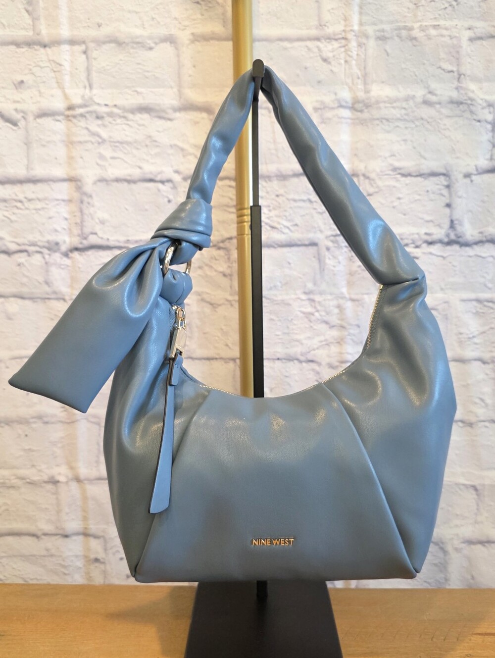 Nine West Dusty Blue Hobo Bag Knot Strap Faux Leather
